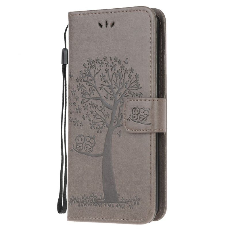 Flip Case Leren Samsung Galaxy S20 Ultra Lichtblauw Zwart Boom En String Uilen