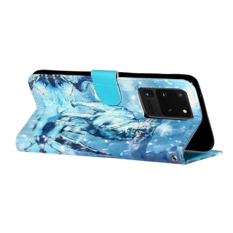 Flip Case Leren Samsung Galaxy S20 Ultra Wolfslampjes Met Riempje