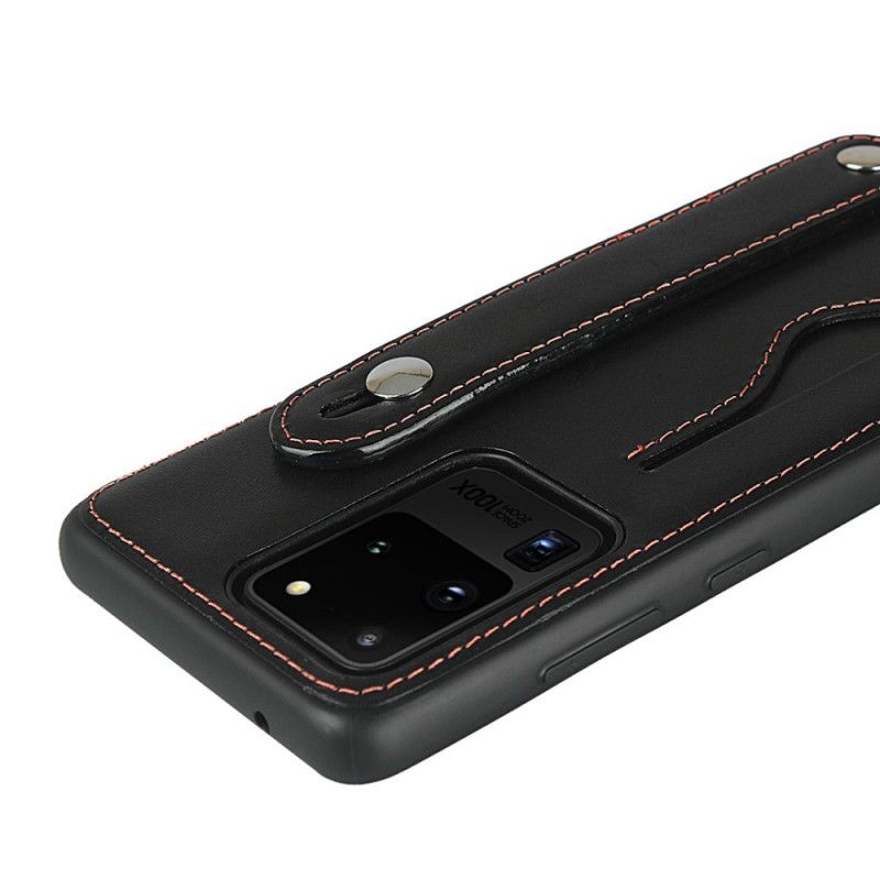 Hoesje voor Samsung Galaxy S20 Ultra Rood Zwart Lederen Band En Kaarthouder