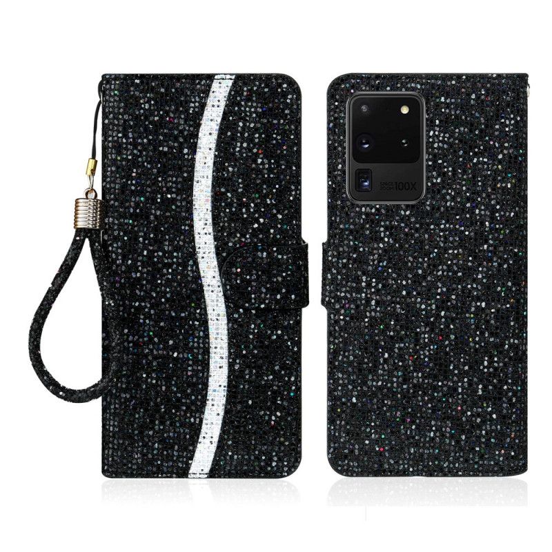 Leren Hoesje Samsung Galaxy S20 Ultra Donkerblauw Zwart Telefoonhoesje Ontwerp Met Glitter