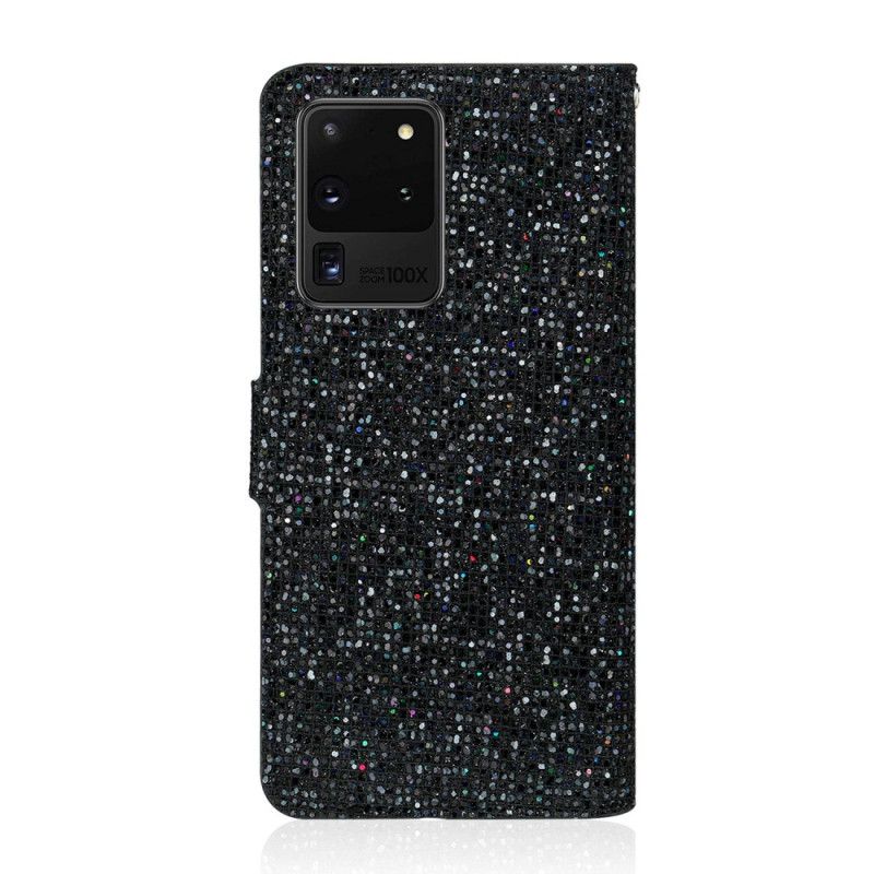 Leren Hoesje Samsung Galaxy S20 Ultra Donkerblauw Zwart Telefoonhoesje Ontwerp Met Glitter