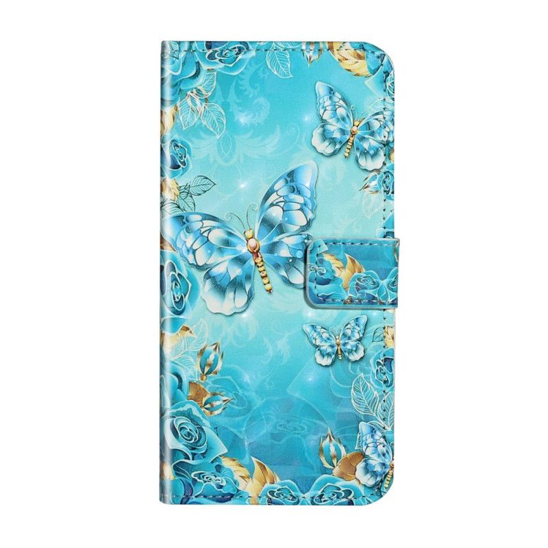 Leren Hoesje Samsung Galaxy S20 Ultra Telefoonhoesje Vlinders En Bloemen Op Een Blauwe Achtergrond