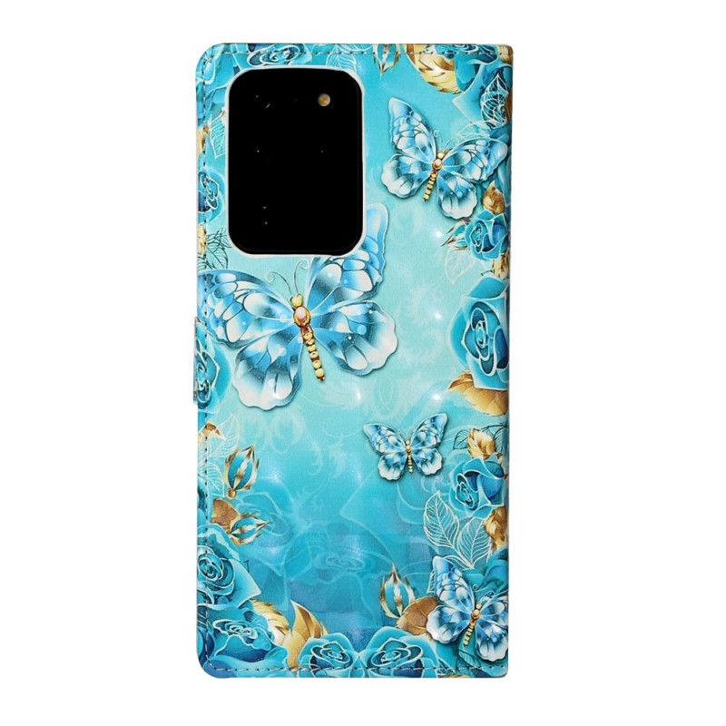 Leren Hoesje Samsung Galaxy S20 Ultra Telefoonhoesje Vlinders En Bloemen Op Een Blauwe Achtergrond