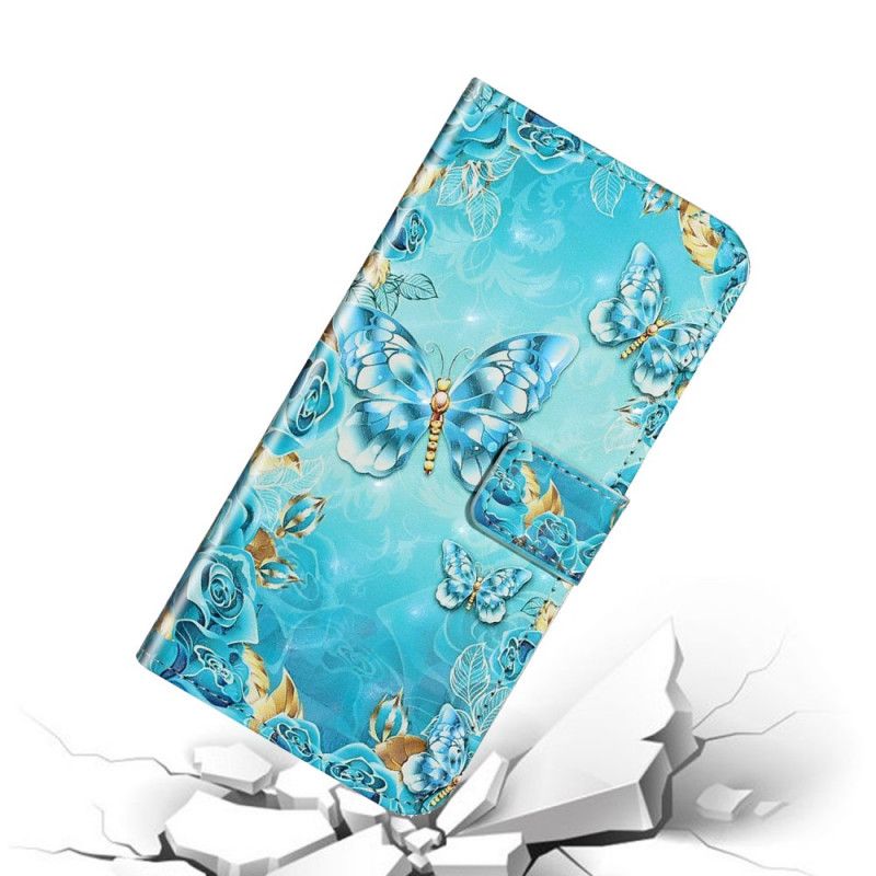 Leren Hoesje Samsung Galaxy S20 Ultra Telefoonhoesje Vlinders En Bloemen Op Een Blauwe Achtergrond