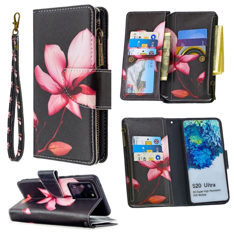 Leren Hoesje Samsung Galaxy S20 Ultra Wit Zwart Bloemenzak Met Ritssluiting