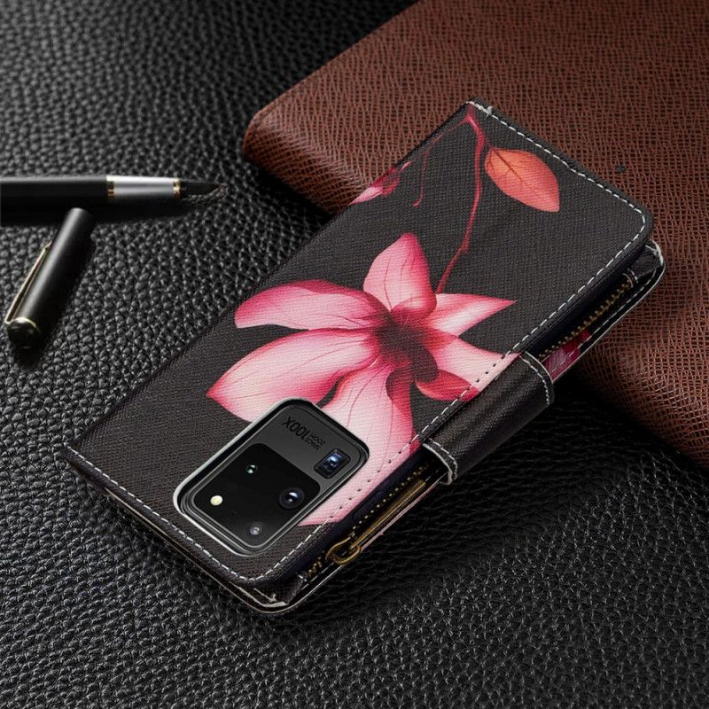 Leren Hoesje Samsung Galaxy S20 Ultra Wit Zwart Bloemenzak Met Ritssluiting