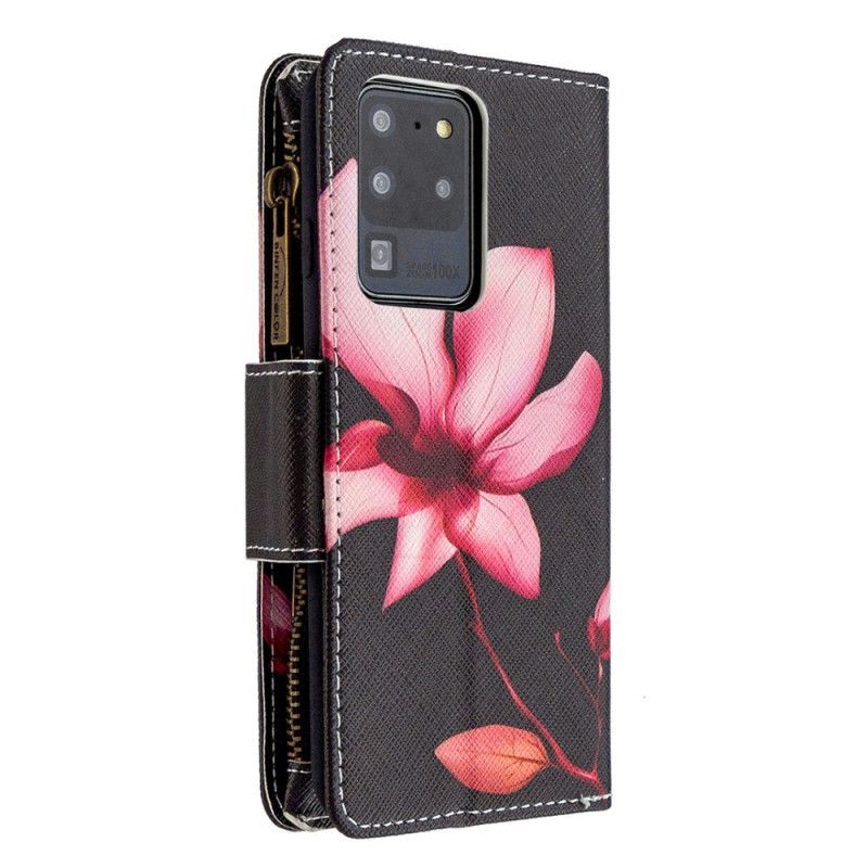 Leren Hoesje Samsung Galaxy S20 Ultra Wit Zwart Bloemenzak Met Ritssluiting