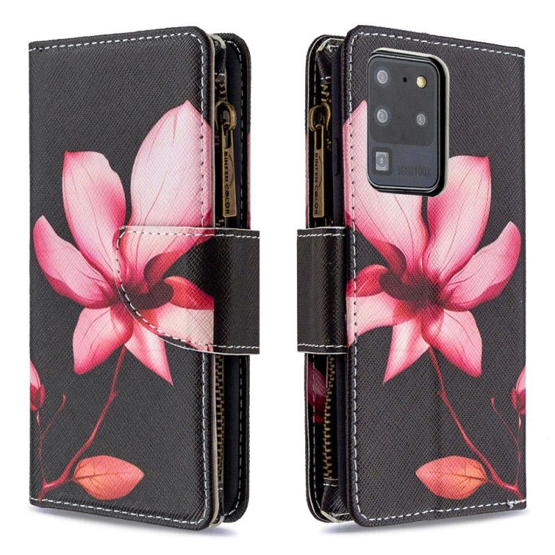 Leren Hoesje Samsung Galaxy S20 Ultra Wit Zwart Bloemenzak Met Ritssluiting