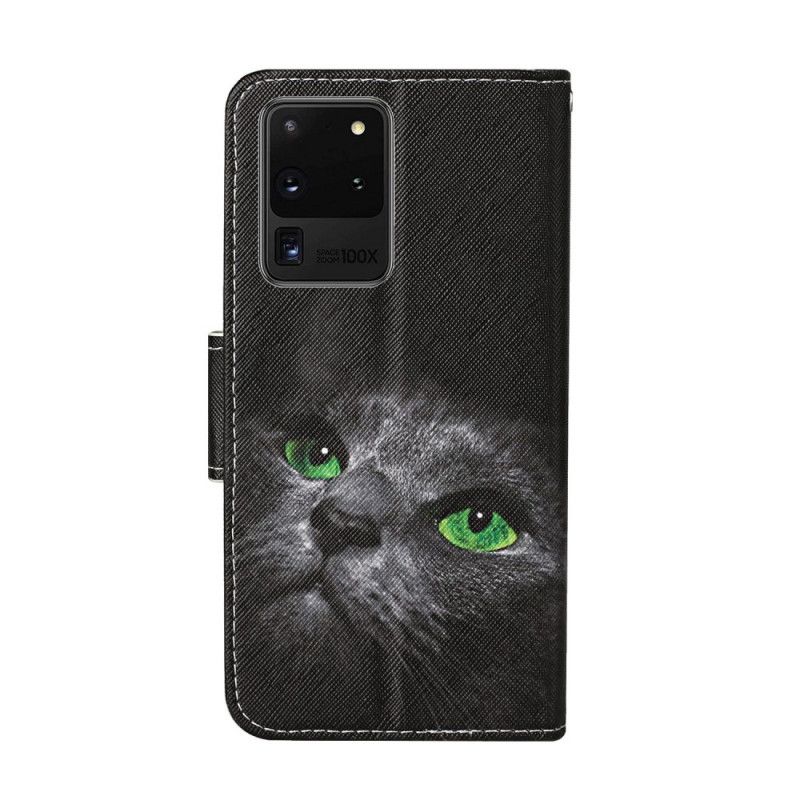 Leren Hoesje voor Samsung Galaxy S20 Ultra Kat Met Groene Ogen Met String