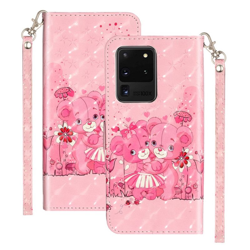 Leren Hoesje voor Samsung Galaxy S20 Ultra Teddyberen Lichte Vlekjes Met Riempje