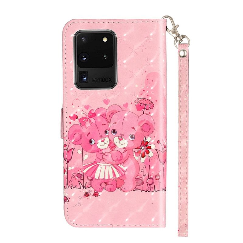 Leren Hoesje voor Samsung Galaxy S20 Ultra Teddyberen Lichte Vlekjes Met Riempje