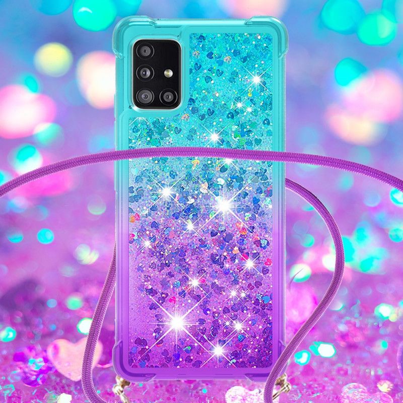 Hoesje voor Samsung Galaxy A71 Lichtblauw Roze Siliconen Glitter En Koord