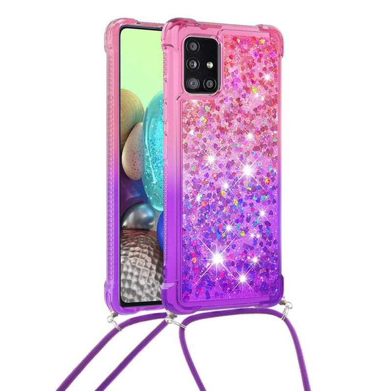 Hoesje voor Samsung Galaxy A71 Lichtblauw Roze Siliconen Glitter En Koord