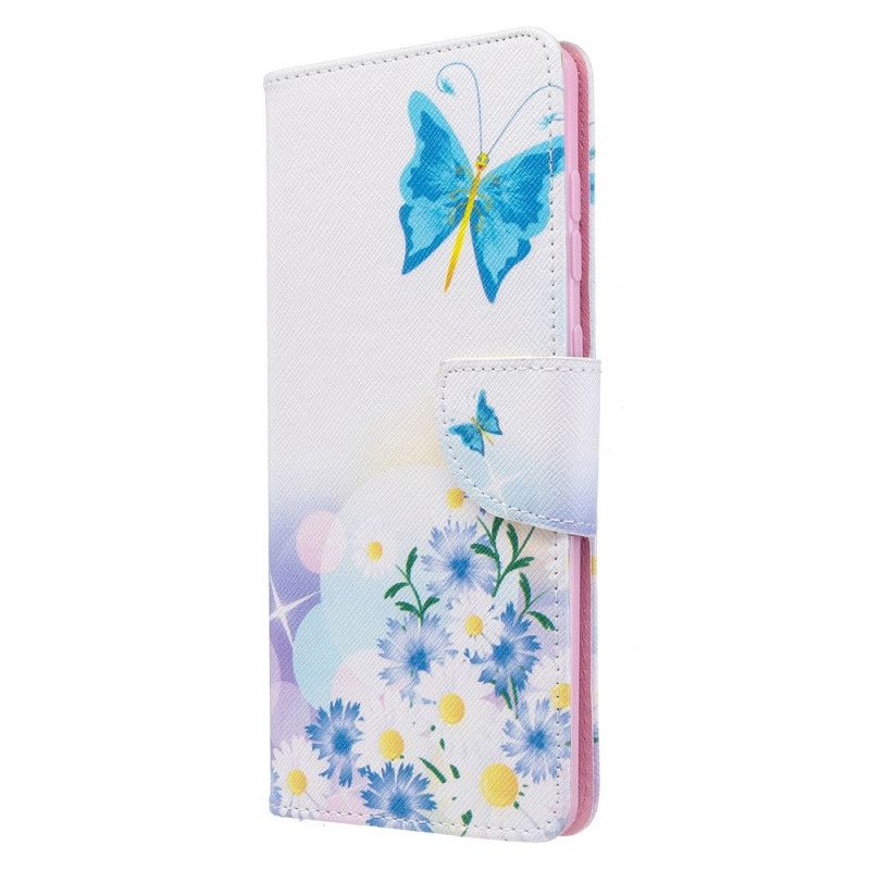 Leren Hoesje Samsung Galaxy A71 Lichtblauw Magenta Geschilderde Vlinders En Bloemen