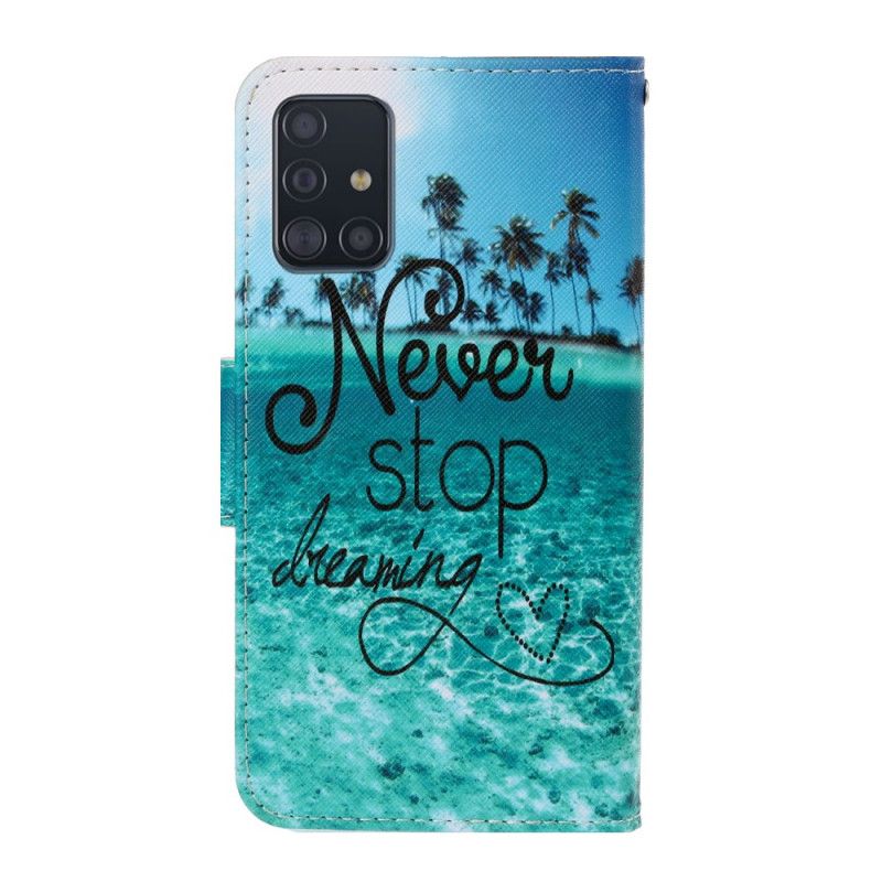 Leren Hoesje Samsung Galaxy A71 Telefoonhoesje Stop Nooit Met Dromen Marine Met String