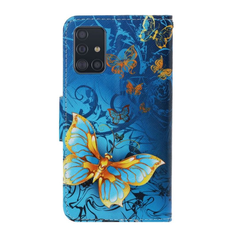 Leren Hoesje voor Samsung Galaxy A71 Donkerblauw Zwart Vlindervariaties Met String