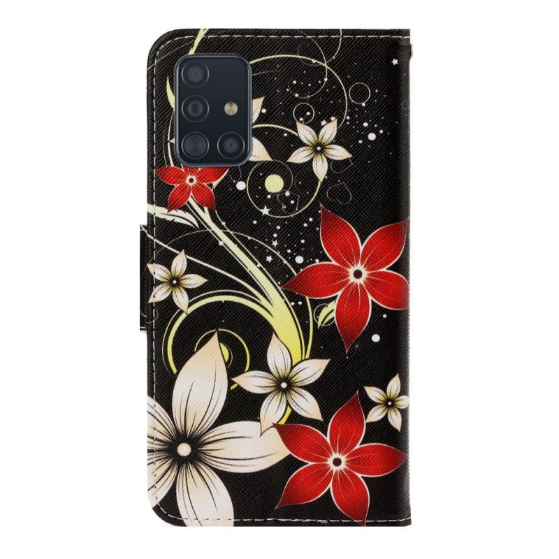 Leren Hoesje voor Samsung Galaxy A71 Grijs Zwart Kleurrijke Bloemen Met Een Riem