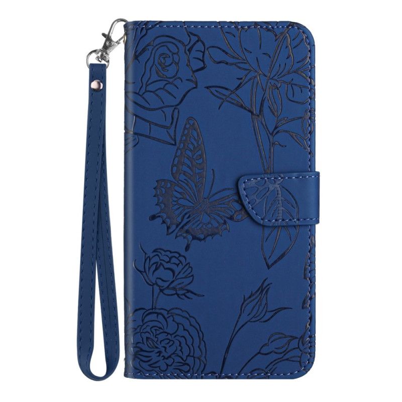 Flip Case Leren Xiaomi 14t Pro Vlinder- En Bloemenpatroon Met Riempje