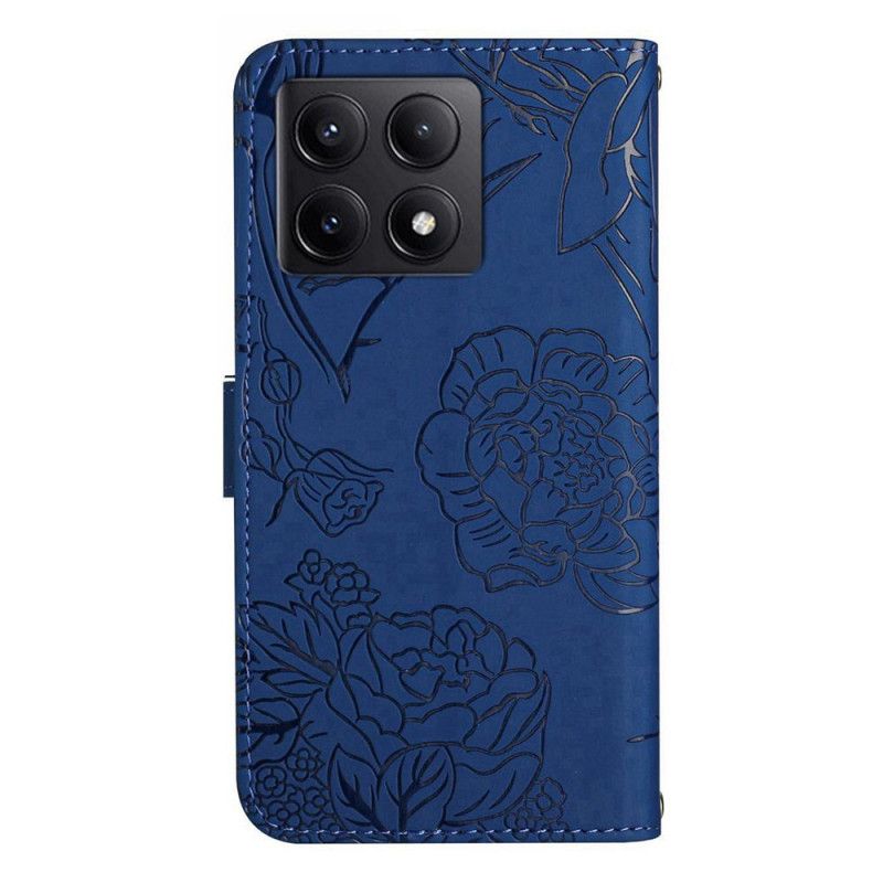 Flip Case Leren Xiaomi 14t Pro Vlinder- En Bloemenpatroon Met Riempje