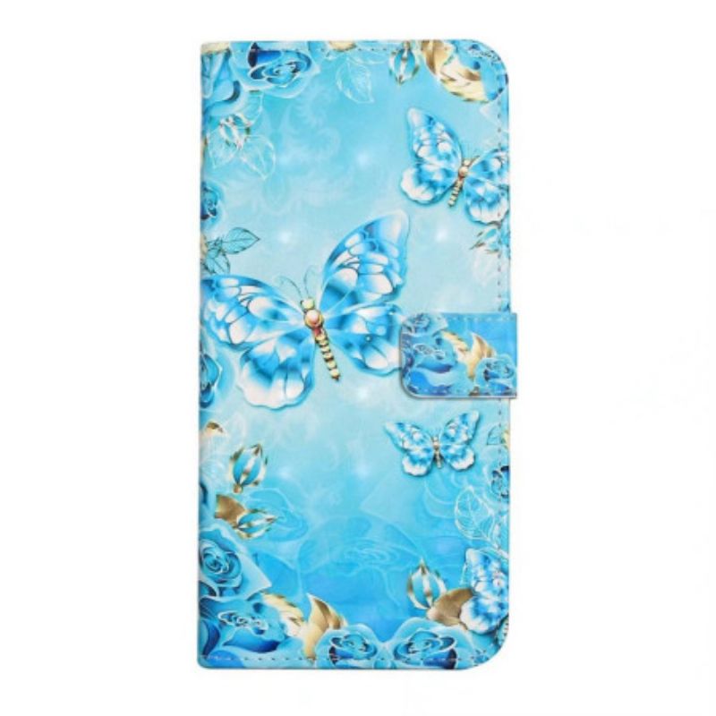 Leren Hoesje Xiaomi 14t Pro Blauwe Vlinders En Diamanten Bescherming Hoesje