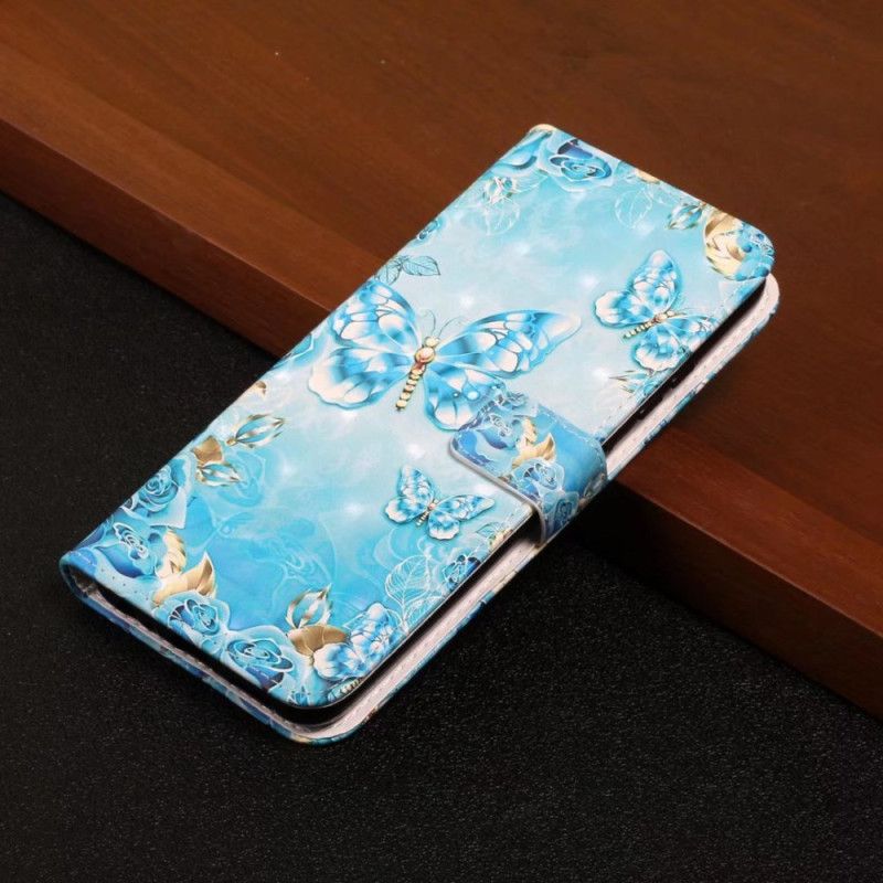 Leren Hoesje Xiaomi 14t Pro Blauwe Vlinders En Diamanten Bescherming Hoesje