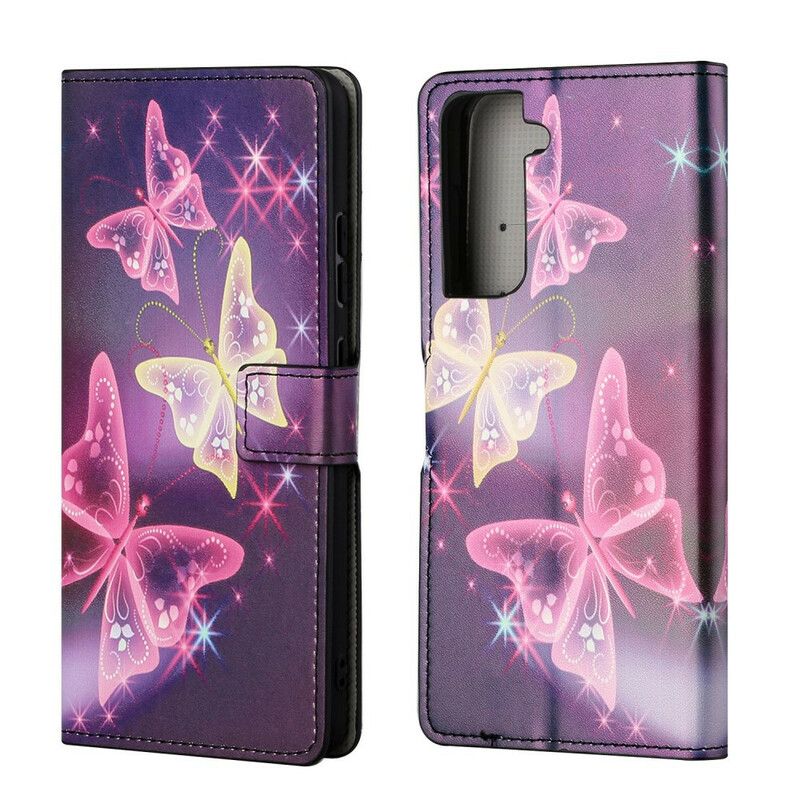 Flip Case Leren Samsung Galaxy S21 Fe Vlinders En Bloemen