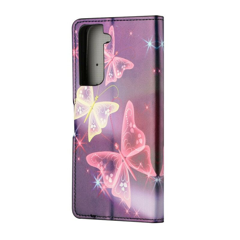 Flip Case Leren Samsung Galaxy S21 Fe Vlinders En Bloemen