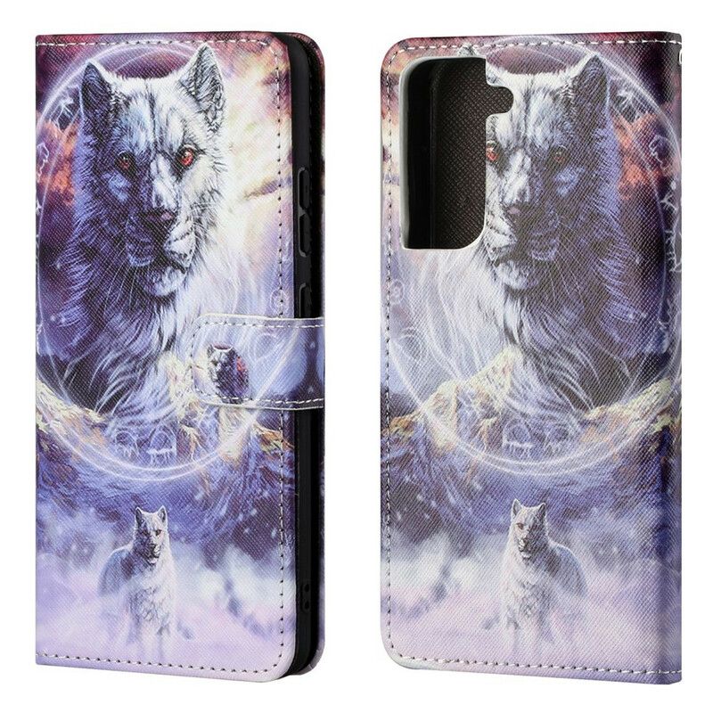 Folio-hoesje Samsung Galaxy S21 Fe Telefoonhoesje Wolf In Winter Met Lanyard