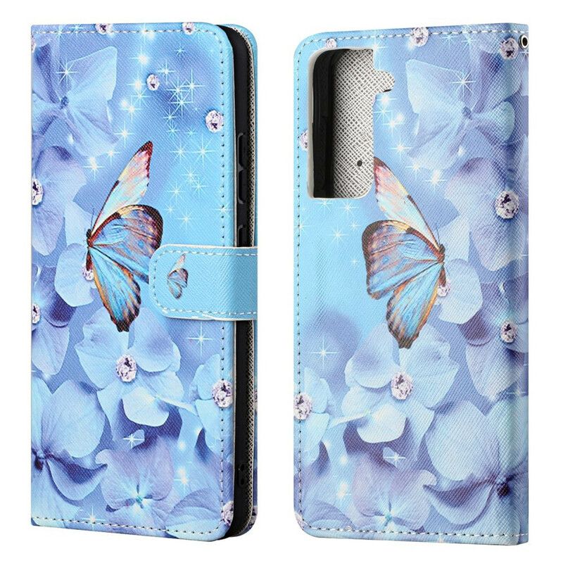 Folio-hoesje Samsung Galaxy S21 Fe Vlinders Met Diamanten Bandjes