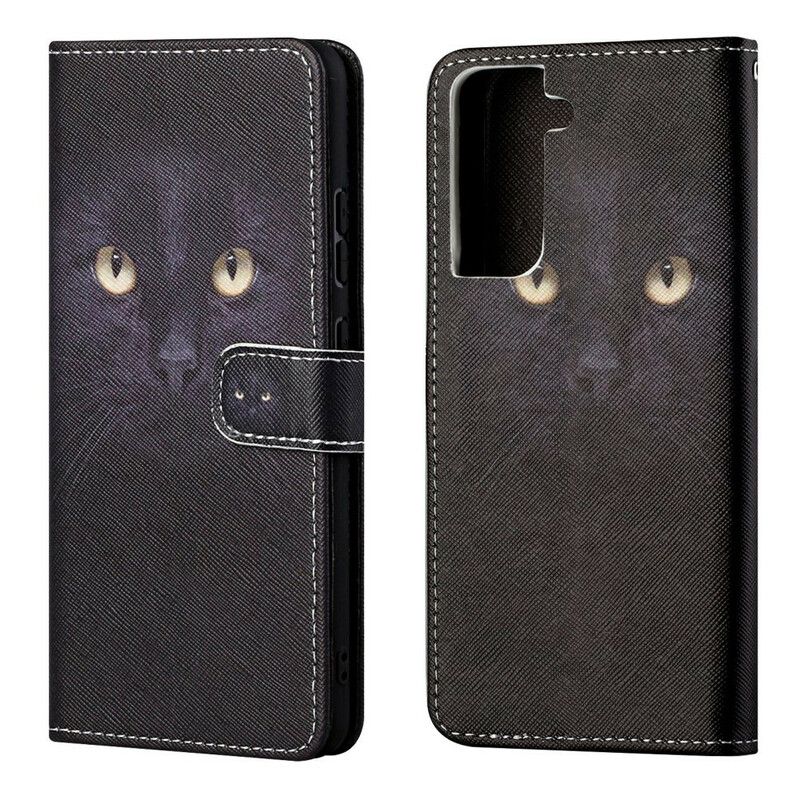 Leren Hoesje Samsung Galaxy S21 Fe Kattenogen Met Zwarte Bandjes Bescherming Hoesje