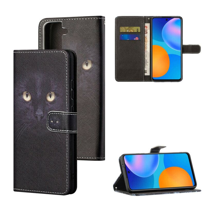 Leren Hoesje Samsung Galaxy S21 Fe Kattenogen Met Zwarte Bandjes Bescherming Hoesje