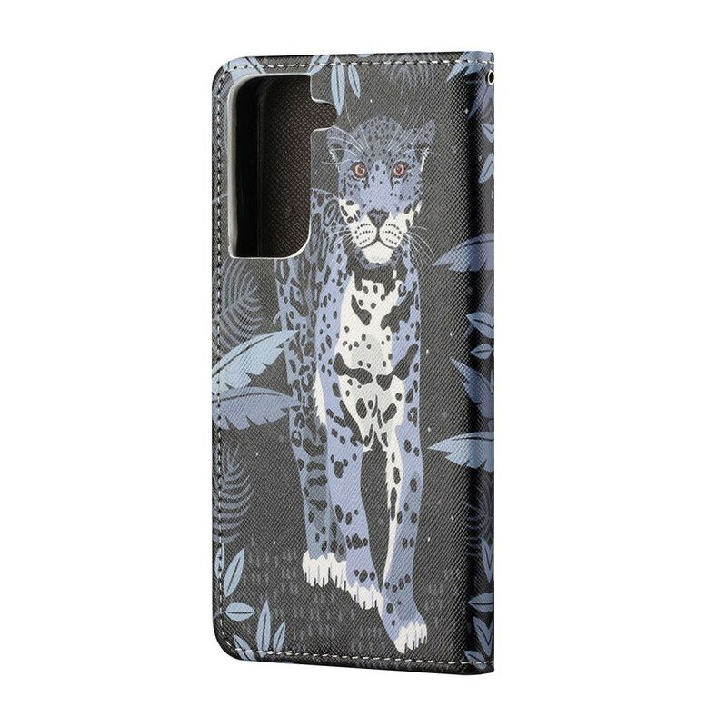 Leren Hoesje Samsung Galaxy S21 Fe Leopard Strappy Bescherming Hoesje