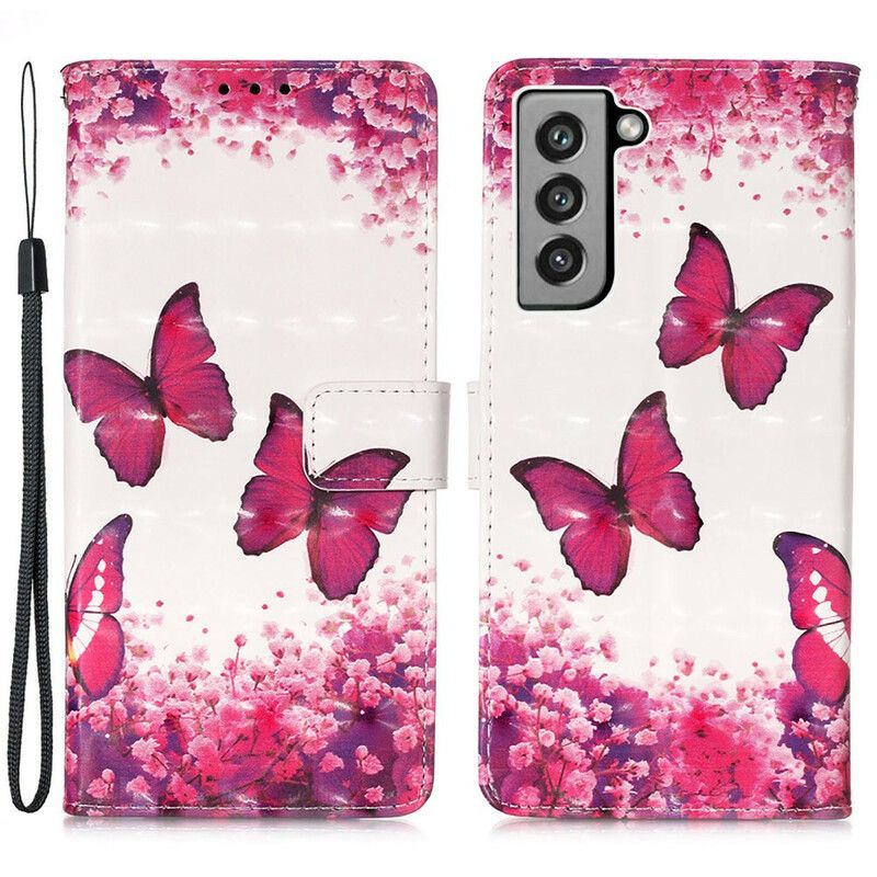 Leren Hoesje Samsung Galaxy S21 Fe Rode Vlinders Bescherming Hoesje