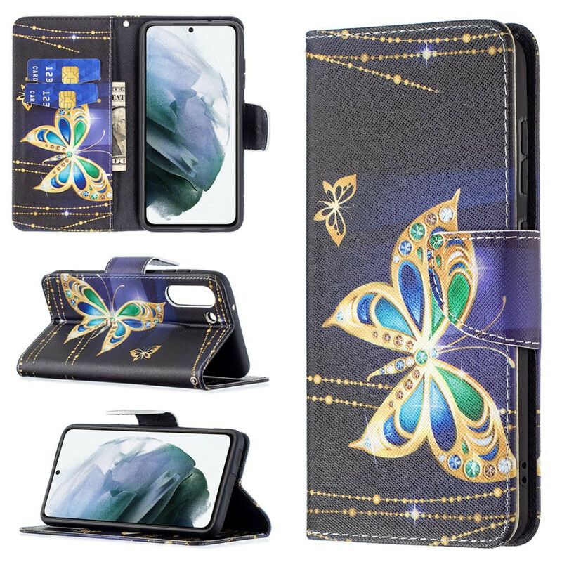 Leren Hoesje Voor Samsung Galaxy S21 Fe Gouden Vlinder