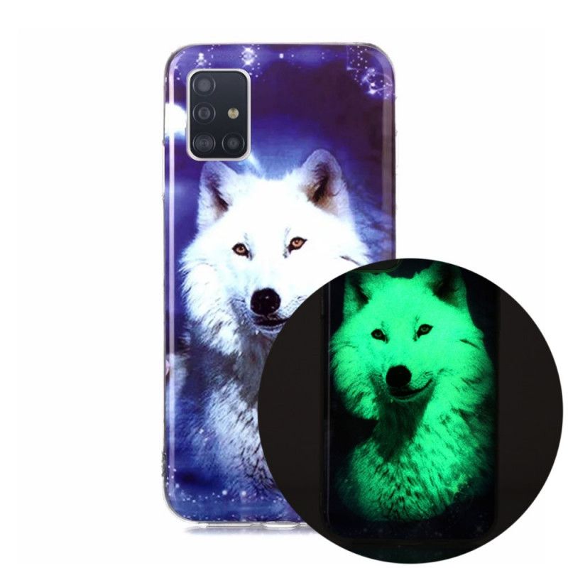 Hoesje Samsung Galaxy A51 5G Donkerblauw Groen Serie Fluorescerende Wolven