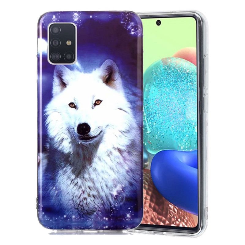 Hoesje Samsung Galaxy A51 5G Donkerblauw Groen Serie Fluorescerende Wolven