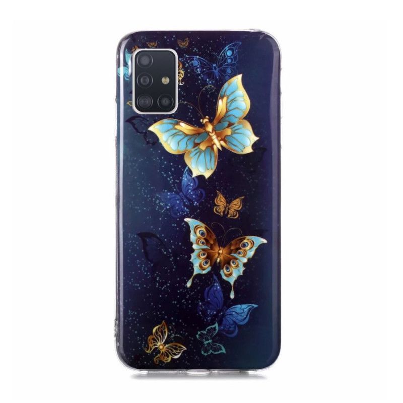 Hoesje Samsung Galaxy A51 5G Lichtblauw Donkerblauw Serie Fluorescerende Vlinder