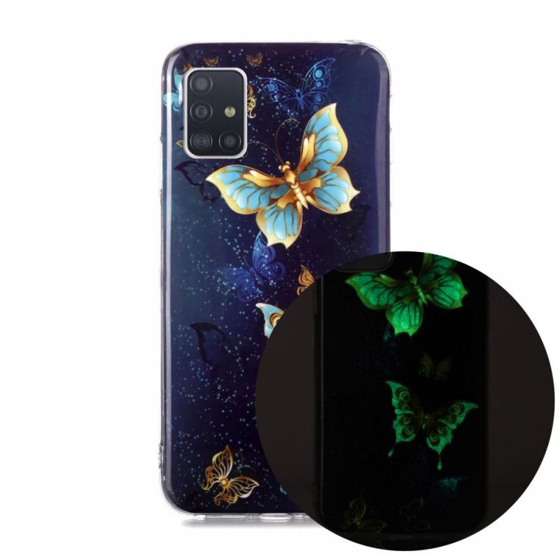 Hoesje Samsung Galaxy A51 5G Lichtblauw Donkerblauw Serie Fluorescerende Vlinder