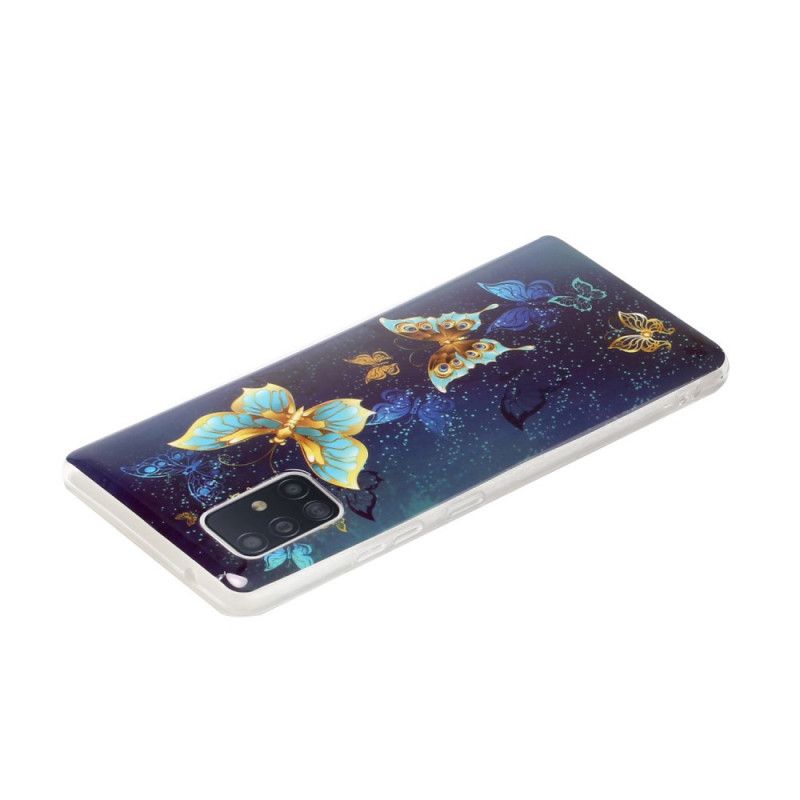 Hoesje Samsung Galaxy A51 5G Lichtblauw Donkerblauw Serie Fluorescerende Vlinder