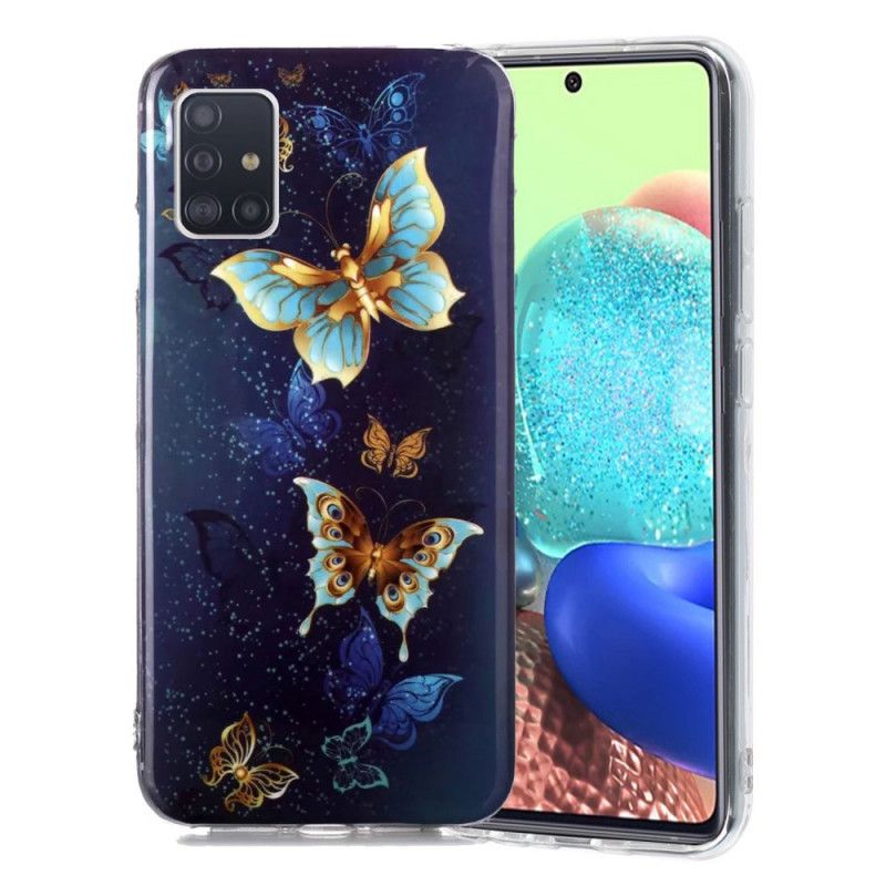 Hoesje Samsung Galaxy A51 5G Lichtblauw Donkerblauw Serie Fluorescerende Vlinder