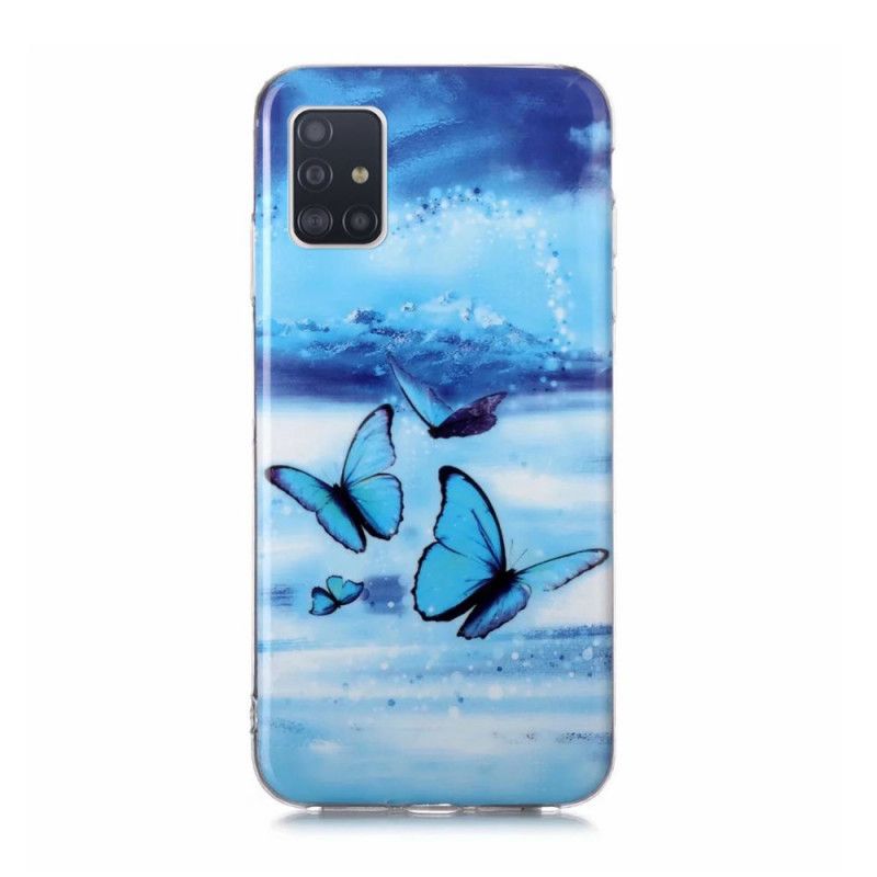 Hoesje Samsung Galaxy A51 5G Lichtblauw Donkerblauw Serie Fluorescerende Vlinder