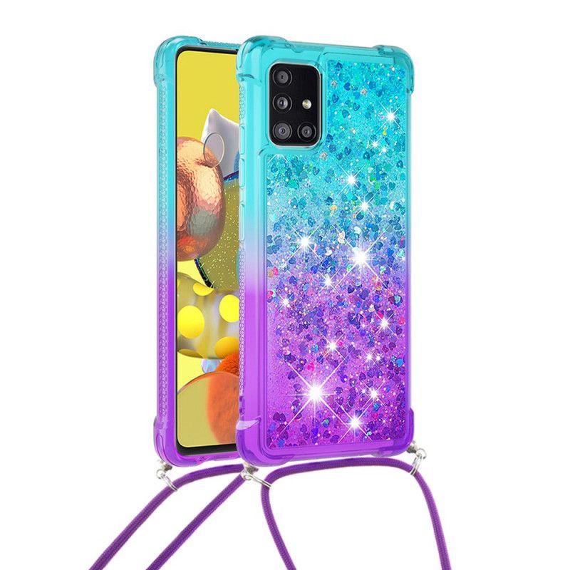 Hoesje Samsung Galaxy A51 5G Lichtblauw Roze Siliconen Glitter En Koord