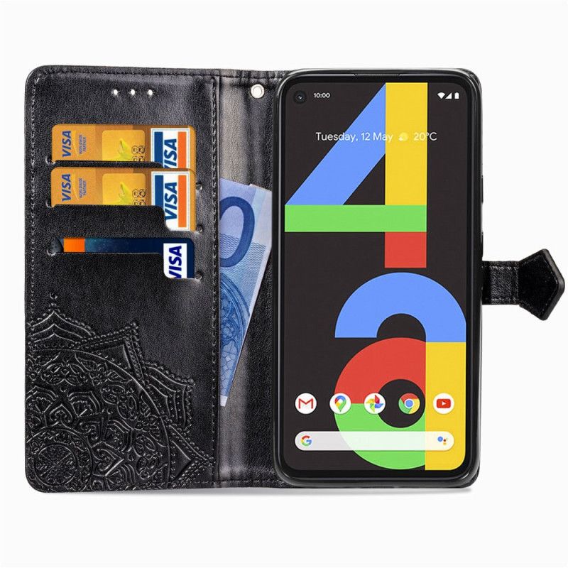 Flip Case Leren Google Pixel 4a Grijs Zwart Mandala Van Middelbare Leeftijd