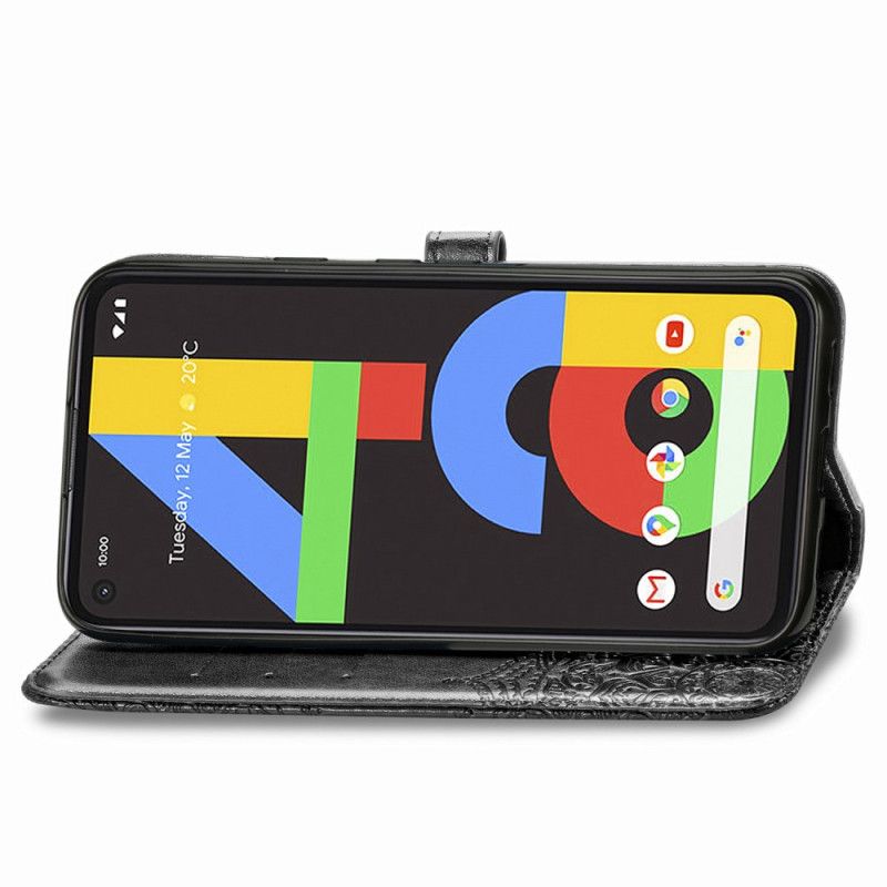 Flip Case Leren Google Pixel 4a Grijs Zwart Mandala Van Middelbare Leeftijd