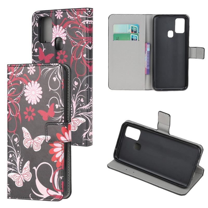 Flip Case Leren Honor 9X Lite Wit Zwart Vlinders En Bloemen