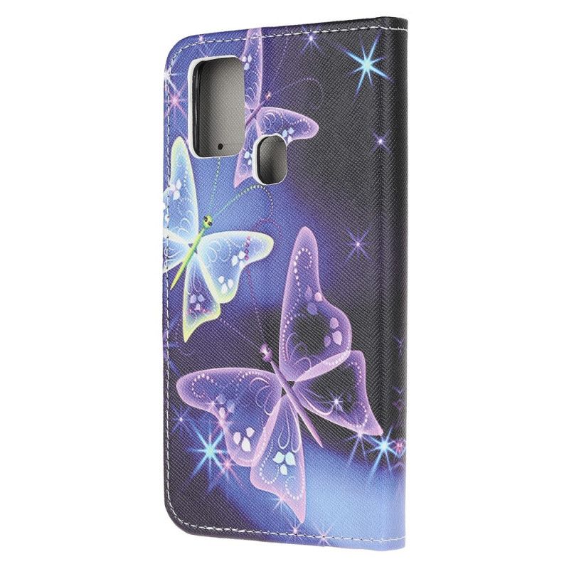 Leren Hoesje Honor 9X Lite Paars Lichtblauw Vlinders