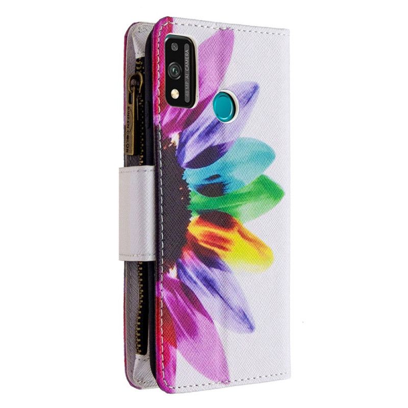 Leren Hoesje Honor 9X Lite Wit Zwart Bloemenzak Met Ritssluiting