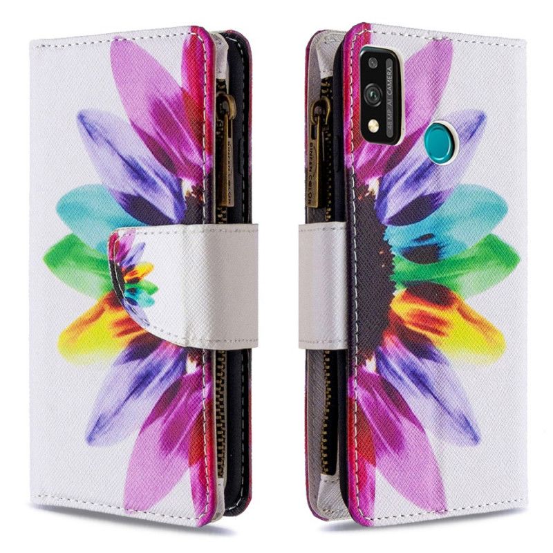 Leren Hoesje Honor 9X Lite Wit Zwart Bloemenzak Met Ritssluiting