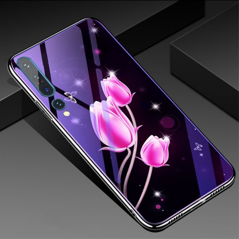 Hoesje Xiaomi Mi 10 / 10 Pro Roze Magenta Gehard Glas En Bloemensilicone