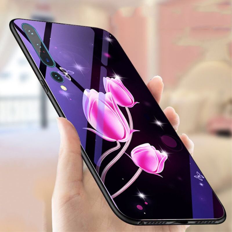 Hoesje Xiaomi Mi 10 / 10 Pro Roze Magenta Gehard Glas En Bloemensilicone